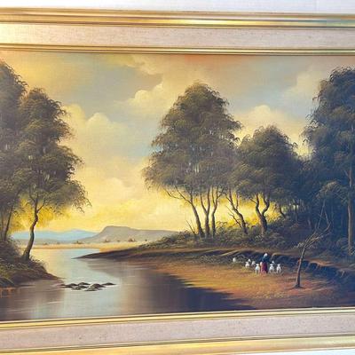 Nice Large Oil Painting Depicting A River And Sheep