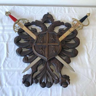 Wall Mounted Coat of Arms Sword Plaque And Figurines 