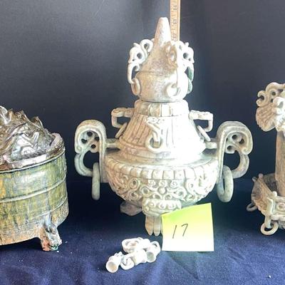 Vintage Asian stone pieces and antique crock