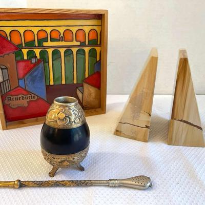 Decor From Around The World-Marble Bookends, 800 Silver Mate Gourd and Straw, Tile
