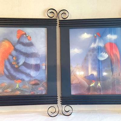 Pair Of Fat Blue Chicken/Rooster Prints With Cool Frames
