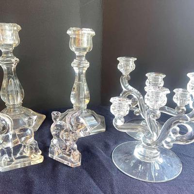 2 Pairs of Heisey Glass Candlesticks and 2 Heisey Glass Horses