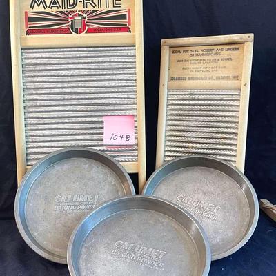 2 Washboards And 3 Vintage Calumet Baking Powder Cake Pans