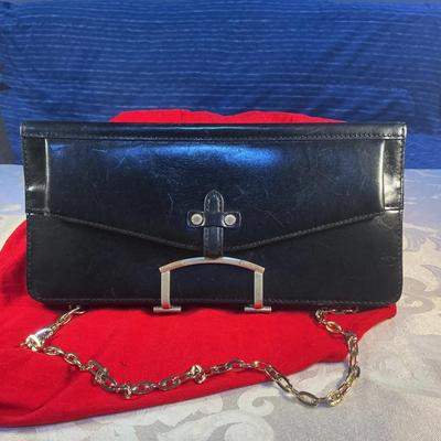 Ellen Tracy Black Leather Clutch with Chain Strap