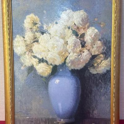 Framed Floral Still Life Painting – White Roses in Blue Vase