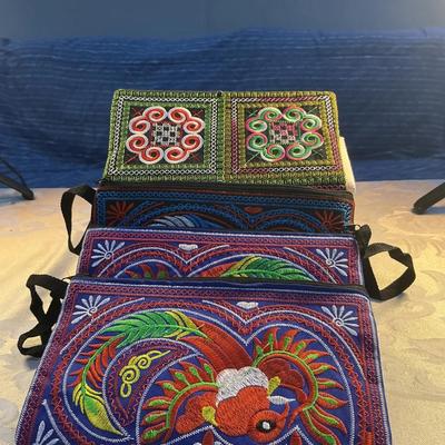 Lot of 4 Colorful Embroidered Fabric Pouches - Handcrafted and Purchased in Vietnam