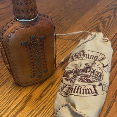 Leather Covered Flask And Leather Pouch