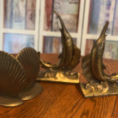 Brass Bookends  Clam Shells  Swordfish 8” Tallest  