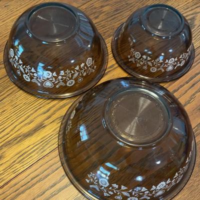 Mixing/Serving Bowls Nesting Pyrex Clear Brown W/ Hearts Birds & Flowers