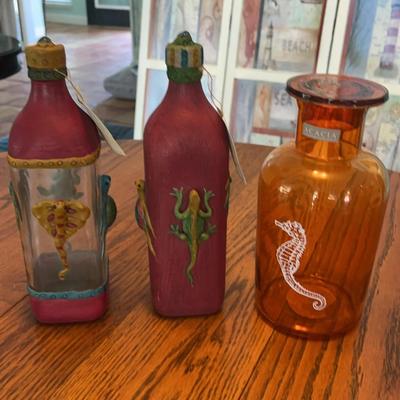 Beachy Tropical Bottles 2 Hand painted In Ecuador 1 Orange Seahorse W/Lid