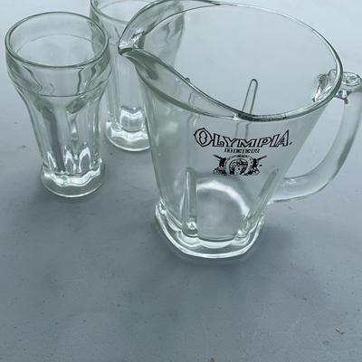 Glass Olympia Beer Pitcher With 2 Glasses 