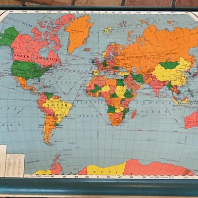 1965 School Map Of The World  67” Wide 51” When Pulled Down  