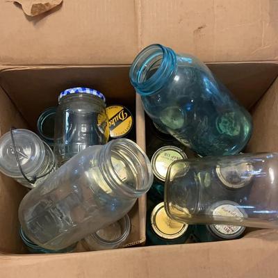 16 Canning Jars  Some Blue  Some Large Some Qts 2 Small