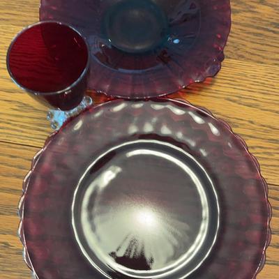 VTG Ruby Red Plate Dish & Glass  
