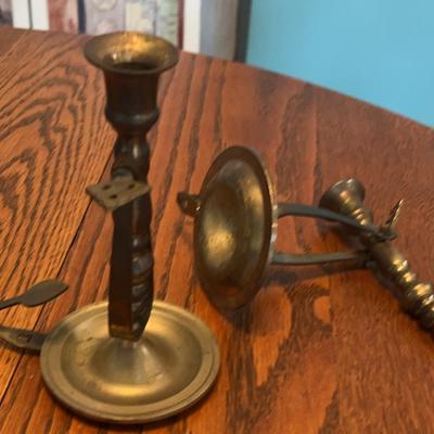 Pair Of Vintage Collectible Brass 2 in 1 Chamberstick Tabletop /Wall Sconce