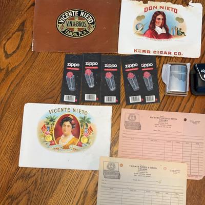 Cigar Cigarette Zippo Flints  Cigar Box Labels Ads Old  Leathe Lighter Carrier And A Pocket Ashtray 