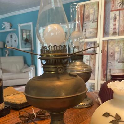 RAYO Lamp Electrified   21” Tall Brass  Lamp Shade Has Brass Decor On It  