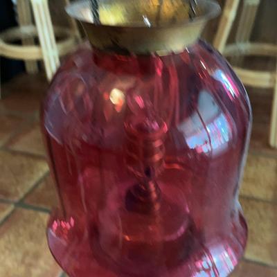 Antique Ruby Shade Hanging Lamp, Electric But Easily Replace Burner