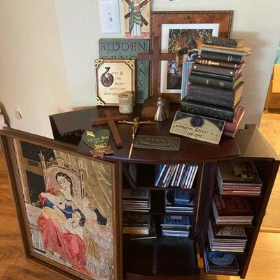 Religious Decor & Small Storage Cabinet With CDs