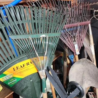 Great Yard Tool Holder & Extras w/ Rakes, Shovels & More!