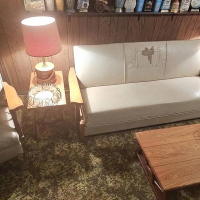Mid-Century Western Ranch Sofa, Chair, Wagon Wheel Tables & Lamps