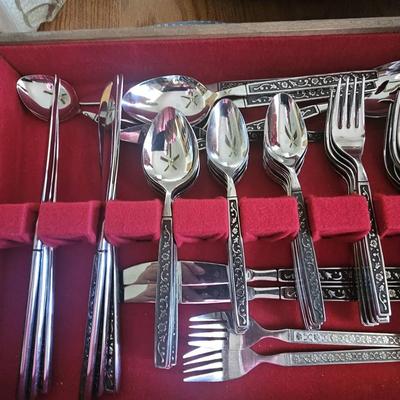Silverware in Wooden Case. Knives, Spoons & Forks