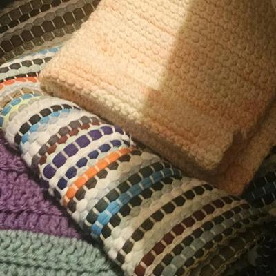 Clothes, Afghans, Blankets, Small Crocks & other Knick Knacks In Tote