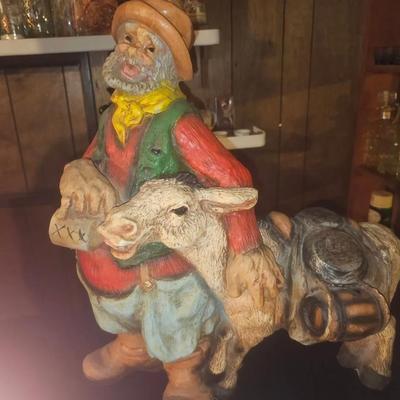 Vintage 20"x22" Hand-Painted Prospector with Donkey Statue
