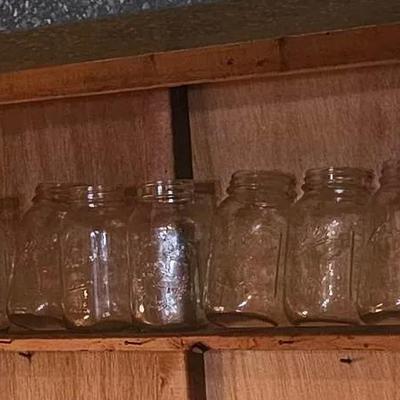 Shelf w/ Ball Canning Jars & other Glassware 