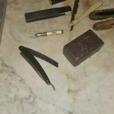 Mixed Lot Straight Razors, Belt, Ball Mason Jars, Crucifix Fish and More!