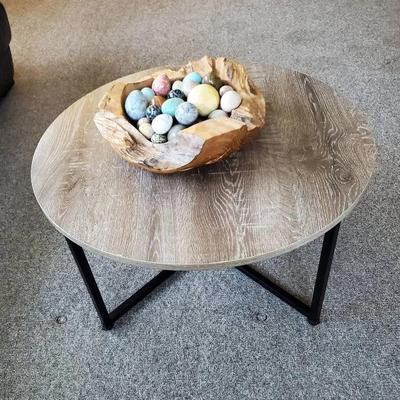 Round Coffee Table and Rustic Wooden Bowl with (32) Eggs