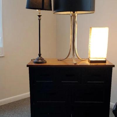 (1) Black Rustic Side Table & (3) Modern Lamps