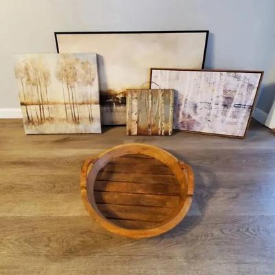 (4) Birch Trees Wall Art and Round Wooden Tray