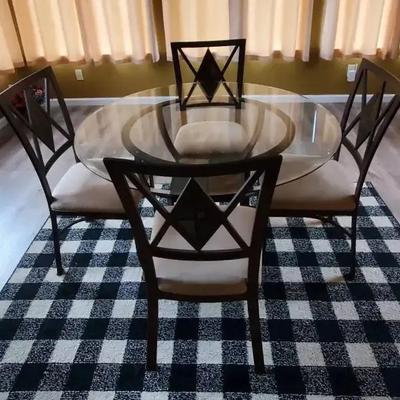 Glass Top Table and (4) Wrought Iron Chairs w/Slate Accents