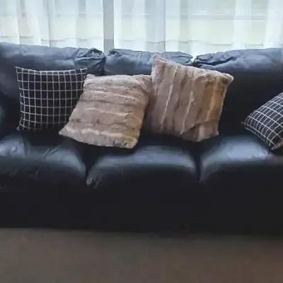 Black Leather Sofa & (4) Decorative Pillows