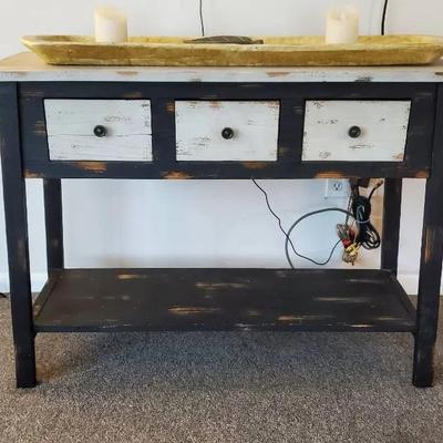 Distressed Side Table and Faux Wooden Long Tray with Accessories 