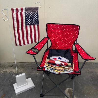 Garden Flag Stand with 20 Flags and Outdoor Folding Chair