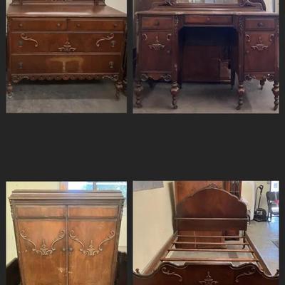 Antique Walnut Dresser (Needs To Be Repaired), Vanity, Wardrobe, and Full-Size Bed Frame 
