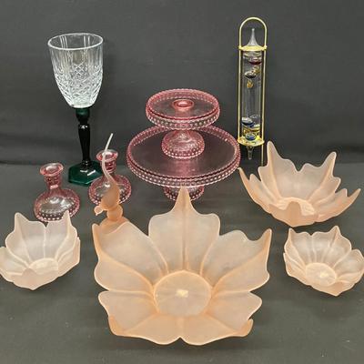Glass Galileo Thermometer, Viking Lotus Bowls & Figurine, Fenton Candlestick, and Pink Hobnail Glass