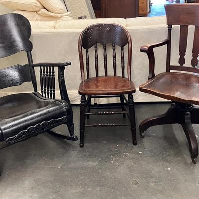 Antique Rocking Chair, Spindle Back Chair, and Swivel Office Chair