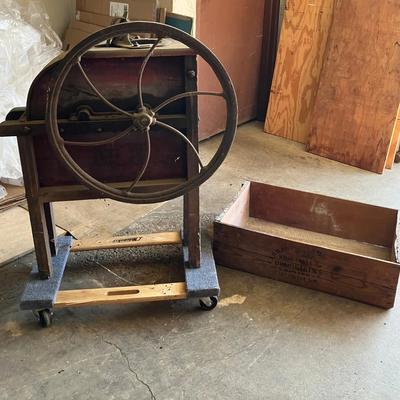 Antique Hand-Crank Corn Sheller and Wooden Crate