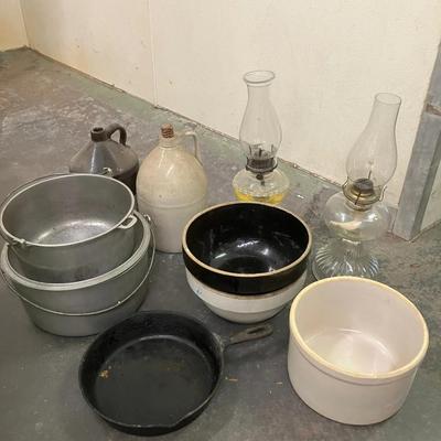 Vintage Stoneware, Cookware, and Glass Oil Lamps