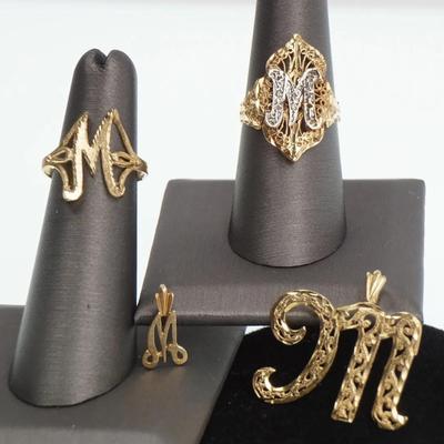 14K Gold Initial "M" Rings (2) & Pendants (2)