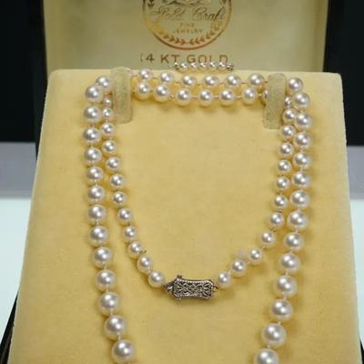 14K Gold Clasped Graduated Cultured Pearl Necklace - 22" & 14K Pearl Safety Pin