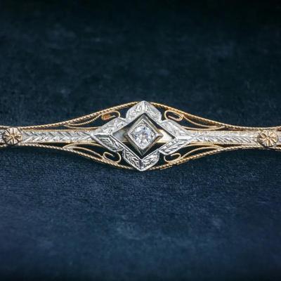 14K Yellow & White Gold Diamond Accented Vintage Bar Pin - 2.25"