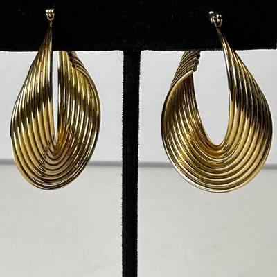 14K Gold Layered Hoop Earrings, Hollow - 1 5/8" Long