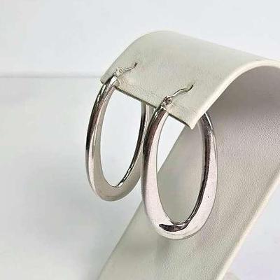 14K White Gold 1.5" Long Hoop Earrings, Hollow