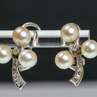 14K White Gold Cultured Pearl Cluster Earrings With Diamond Accents & Omega Backs