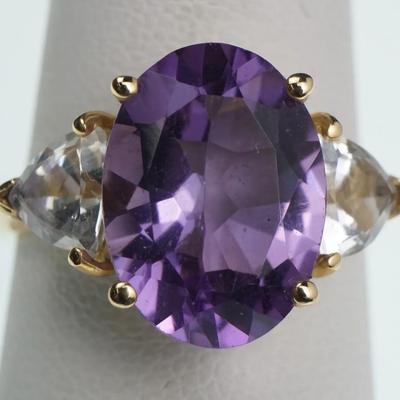14K Gold Amethyst & White Topaz Ring- Size 6.75