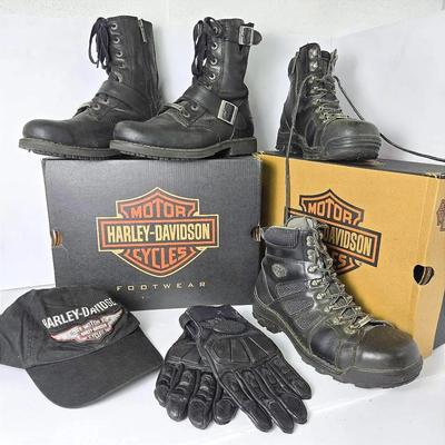 Vintage Harley Davidson Motorcycle Boots (2 Pairs, Size 9), Gloves & Baseball Cap